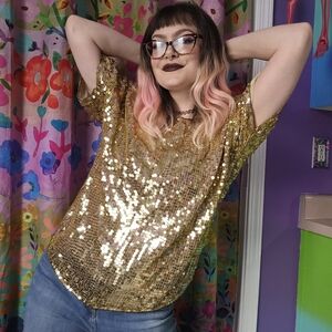 Gold Sequin Vintage 80's Shoulder Pad Silk Top Shimmery Sparkly Sequence